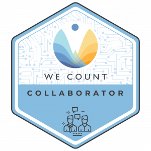 Hexagonal 'Collaborator' badge with WeCount logo. The top part contains the WeCount logo and text and bottom part contains illustration of two men chatting and 'Collaborator' text.