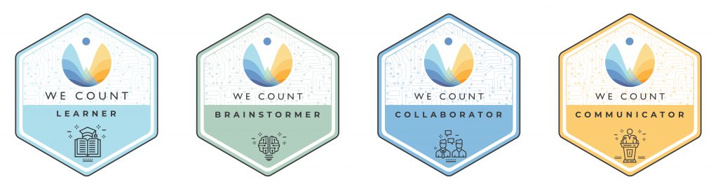 Horizontal rectangle banner of four badges of WeCount. Learner, brainstormer, collaborator and communicator. All the badges are hexagonal in shape.