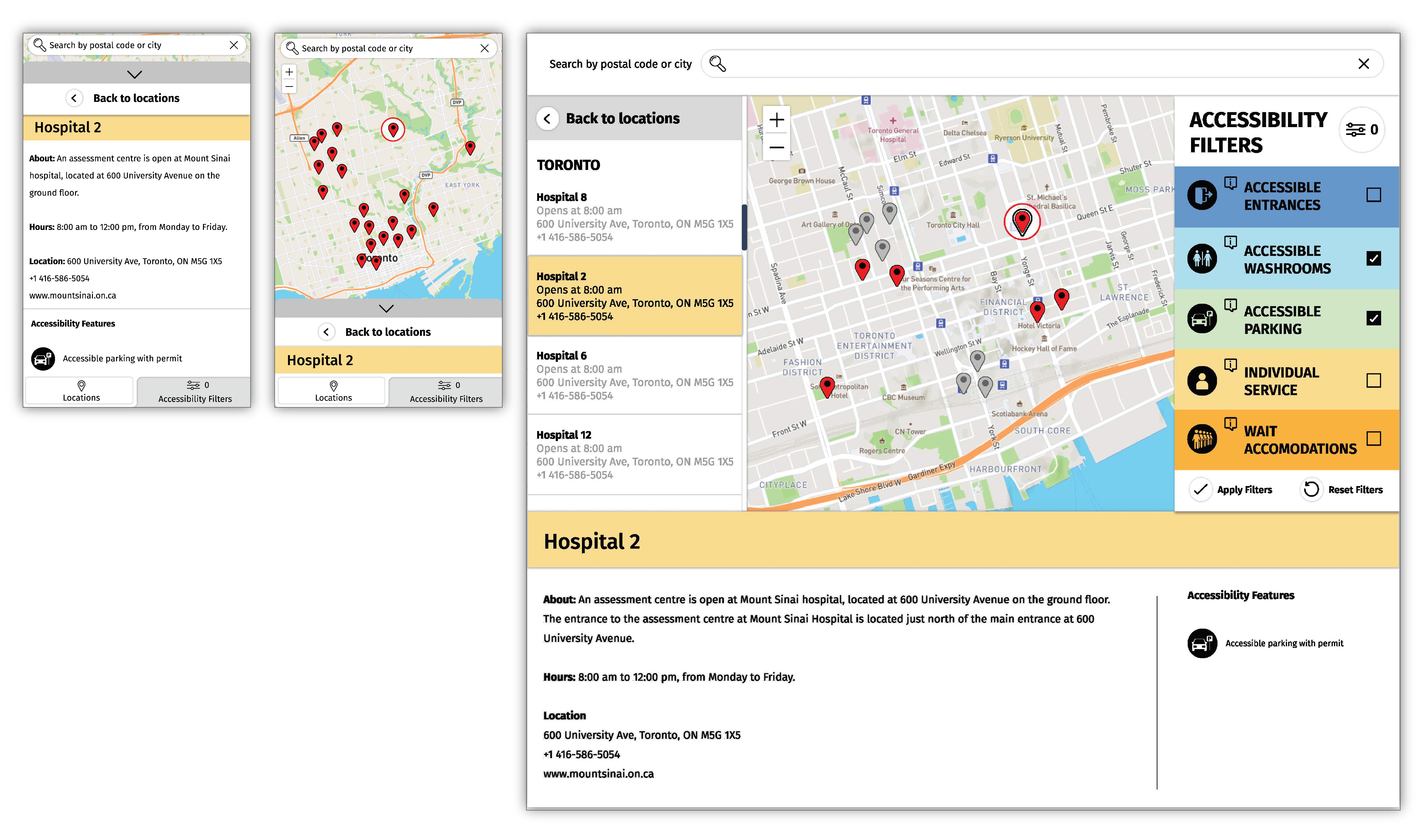 Wireframe showing the centre selection on mobile and desktop view. The pop-up displays the address, contact details and available accessibility features.