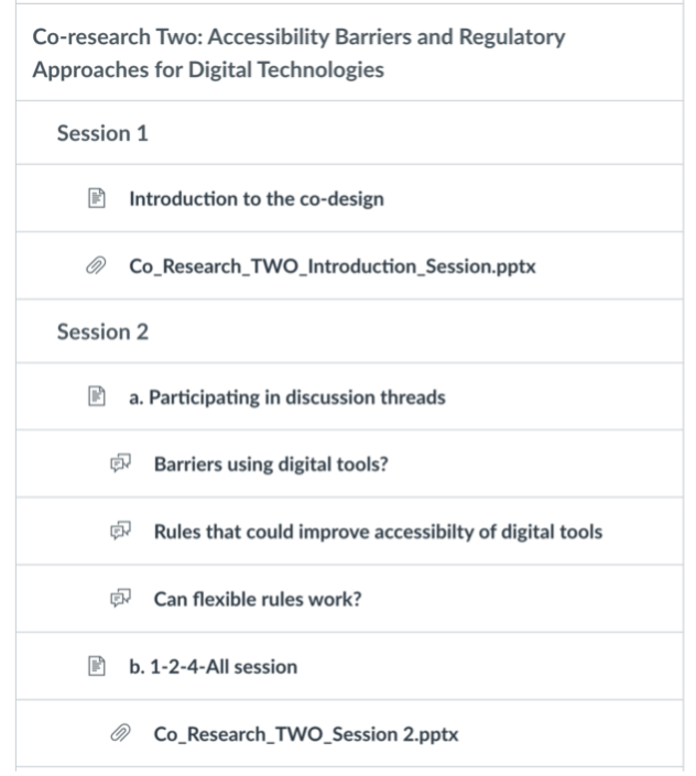 Liste des activités des sessions 1 et 2 sur Canvas LMS pour la recherche conjointe 2 : Barrières à l'accessibilité et approches réglementaires pour les technologies numériques. Les activités comprennent l'introduction, les fichiers de présentation de l'animateur .pptx et trois fils de discussion.